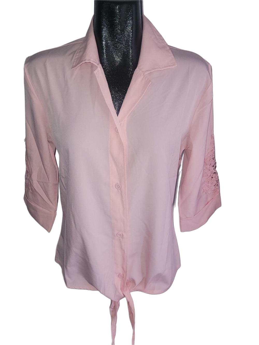 Green Goddess Light Pink Tie-Front Button Shirt With Casual 3/4 Sleeve L